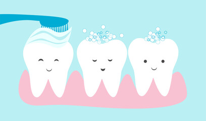 Cute teeth cartoon vector. Tooth brushing concept illustration.