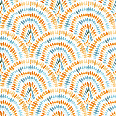 Seigaiha wave seamless watercolor pattern. Asian motives. Blue and orange isolated dots on a white background. Paper texture. Print for textiles, packaging, home decor.