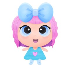 Little funny girl-doll with big blue bow on its head. Digital illustration isolated on white background.