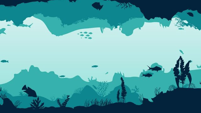 Silhouette of fish and algae on the background of reefs. Underwater ocean scene. Deep blue water, coral reef and underwater plants. a beautiful underwater scene seascape with reef