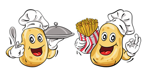 Cartoon character of potato chef holding a spoon and a serving plate with lid, showing ok hand sign and holding a box of french fries