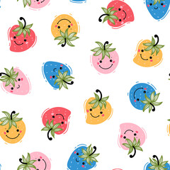 Cute Multicolor Strawberry. Colorful Kawaii Strawberries Vector Seamless pattern. Sweet Ripe Berries Background. Summer Fruit Wallpaper for Kids