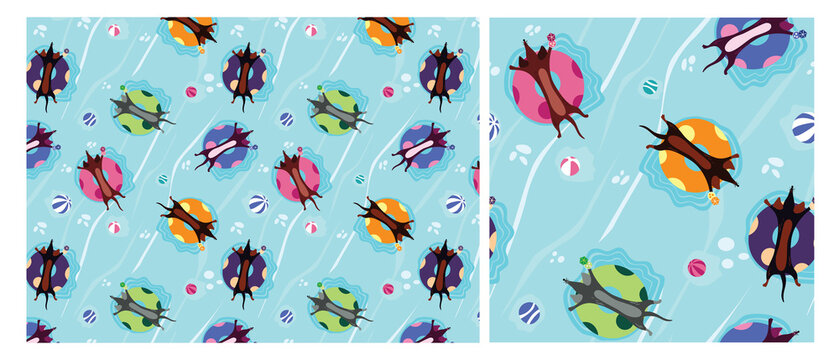 A vector illustration of a cute Dachshund wiener dog in a swimming pool. A rubber ring on a beach