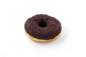 Isolated on a white background doughnut in dark chocolate icing and pastry sprinkles