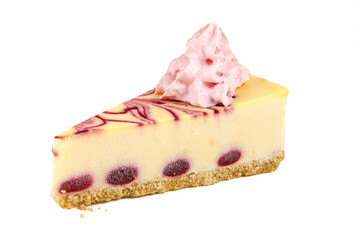 Shortbread cheesecake with fruit filling, decorated with pink whipped cream, isolated on a white background