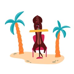 A vector illustration of a cute Dachshund wiener dog on a beach. Beach bar and cocktails. Summertime relax