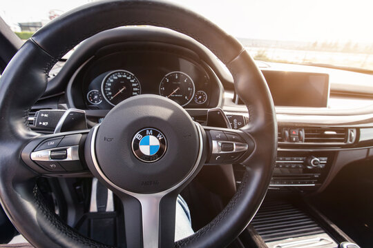 VARNA, BULGARIA - MAY 20, 2020: The Interior of BMW X5 M50d, Steering Wheel. BMW is a German automobile, motorcycle and engine manufacturing company founded in 1916.