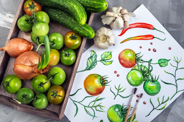 Fresh vegetables and drawing watercolor background