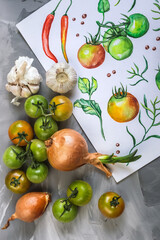 Fresh vegetables and drawing watercolor background