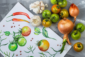 Fresh vegetables and drawing watercolor background