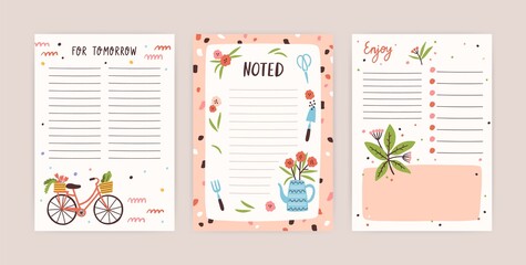 Set of colorful daily planners with place for text vector flat illustration. Collection of empty sheets for notes decorated by design elements isolated. Scheduler or organizer pages