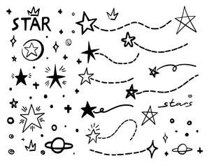 Black doodle star and dash line. Abstract hand drawn scribble stars shape isolated elements. Cartoon line marker sketch for text emphasis on white background. Pen graphic and highlight graffiti sketch