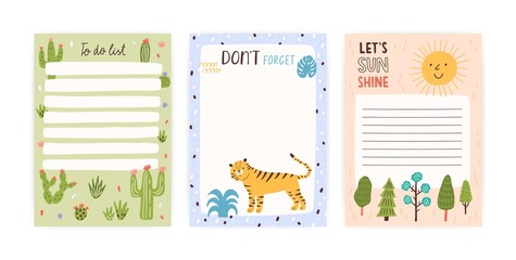 Collection of cute childish appointment notebook page vector flat illustration. Colorful to do list, reminder and blank template decorated by funny stickers with animals or plants isolated on white