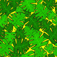 Seamless vector pattern of monstera leaves on a yellow background. - 364995010