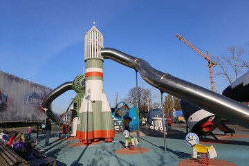 Unusual wooden playground "Space" (Monstrum) in VDNKh (VDNH), Moscow city, Russia. Children's active games at playground. Improvement of public spaces. Rocket