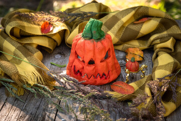 A scary, toothy pumpkin on Halloween among fallen leaves and dry grass against the background of an...