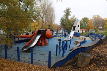 Wooden playground "Sea adventures" (Monstrum) in Gorky Park, Moscow city, Russia. Children's active games at playground. Improvement of public spaces in Moscow city