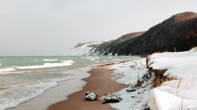 Lakeshore natural environment fresh water winter scene in Michigan.