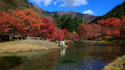 Fototapeta premium natural river park and small women wearing kimono in autumn leaves japan