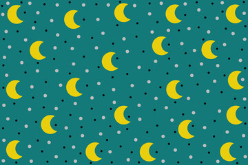 Crescent moon with dots on blue background.
