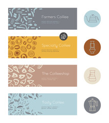Specialty coffee concept with vector line icons. Coffee brewing methods banner. Set of icon for coffeeshop sign. Template label design for farmers coffee. Arabica badge on textured pattern background.