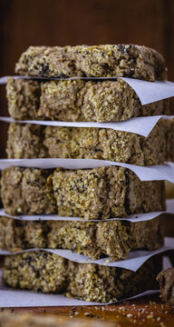 slices of healthy homemade cake, vegan cake without animal products or glutem on wooden background