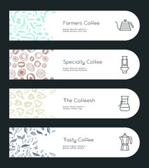 Specialty coffee concept with vector line icons. Coffee brewing methods banner. Set of icon for coffeeshop sign. Template label design for farmers coffee. Arabica badge on textured pattern background.