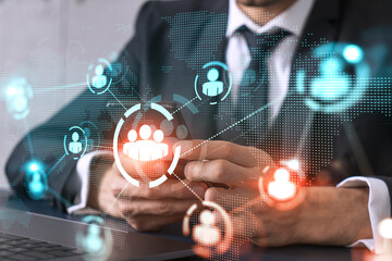 Businessman using on-line app on phone. social network icons hologram. Multiexposure. People...