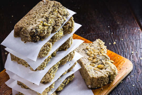 slices of healthy homemade bread, vegan bread without animal products or glutem