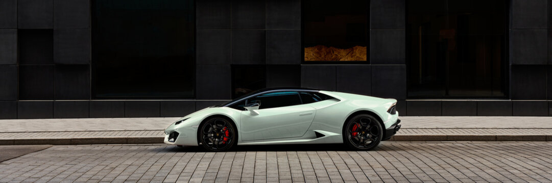 Oslo / Norway, 06.03.2016: White Lamborghini Huracan in front of office building on Wismargata street.