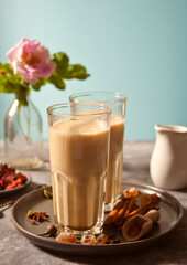 masala tea chai with milk and spices.