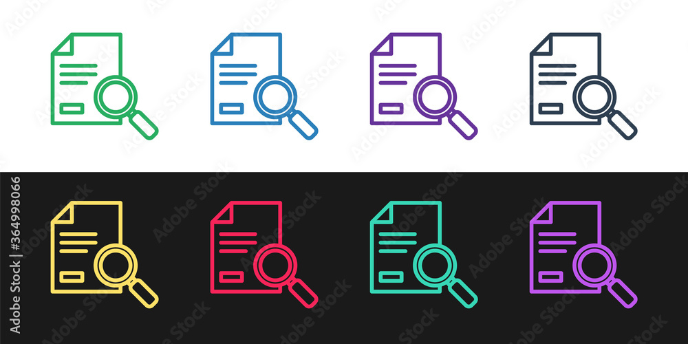 Poster set line document with search icon isolated on black and white background. file and magnifying glass
