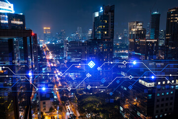 Fototapeta na wymiar Information flow hologram, night panorama city view of Bangkok. The largest technological center in Asia. The concept of programming science. Double exposure.