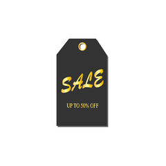 Vector illustration of a tag in black color isolated on white background. Sale 50%. Eps 10.