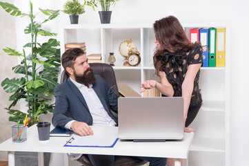 Managerial skills at work. Corporate strategy. Legal adviser. Office secretary. Business couple working. Couple in office. Man and woman boss manager director. Office meeting. Boosting creativity