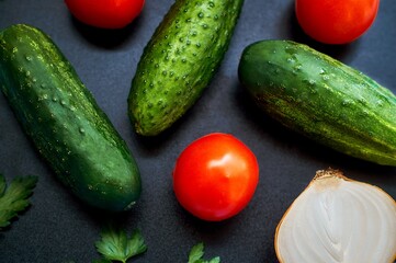 Fresh cucumbers, tomatoes, half an onion and parsley with drops of water on a dark background.