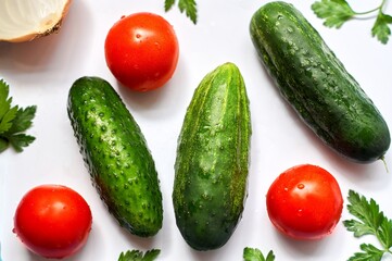 Fresh cucumbers, tomatoes, half an onion and parsley with drops of water on a white background.