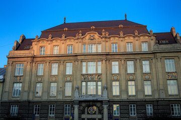 beautiful facade of old residential building in historic quarter of Lviv city, Ukraine