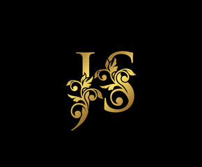 Golden JS, J and S Luxury Logo Icon, Vintage Gold  Initials Mark Design. Elegant luxury gold color on black background