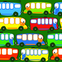 Seamless vector pattern of trolleybuses and buses on a green background.  - 365000209