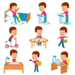 cartoon little boy daily routine, illustration,vector