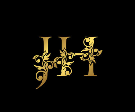 Golden JH, J and H Luxury Logo Icon, Vintage Gold  Initials Mark Design. Elegant luxury gold color on black background