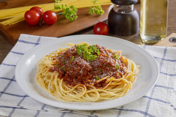 Spaghetti pasta with meatballs and tomato sauce