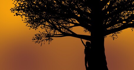 Fototapeta na wymiar Beautiful girl standing under a tree during sunset time orange yellow background
