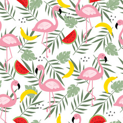 Seamless pattern of flamingo with leaves Cartoon hand drawn animal background in child style