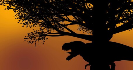 Black dinosaur roaring under a dark tree during sunset sunrise time