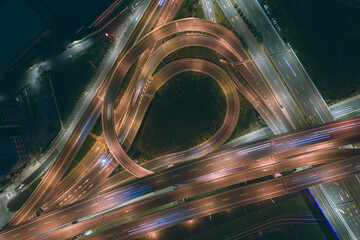 Traffic Circle roundabout Aerial View - Traffic concept image, traffic circle roundabout bird‘s eye night view use the drone in Taipei, Taiwan.