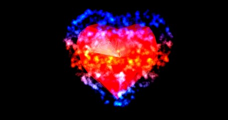 Glowing and Sparkling red heart under a cloud of glowing colors in a dark background
