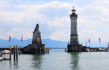 Fototapeta na wymiar The picturesque harbour of the town Lindau at the Lake Constance, Bodensee, Bavaria in Germany, Europe
