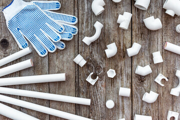 Polypropylene pipes for the water supply system at home, corners, fasteners, tees, gloves for work....